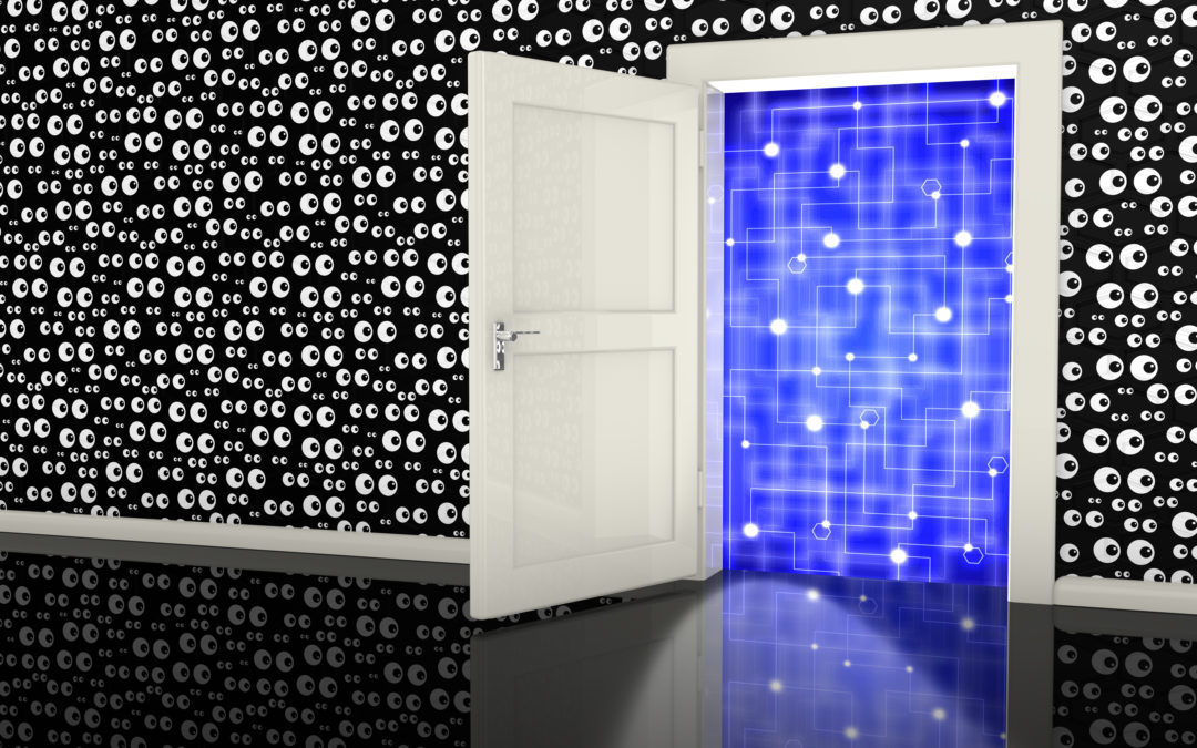 Open white backdoor in a black wall covered with eyeballs leading into a network surveillance room