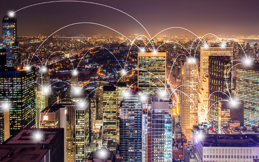 Nighttime city scape with light arcs bouncing from building to building